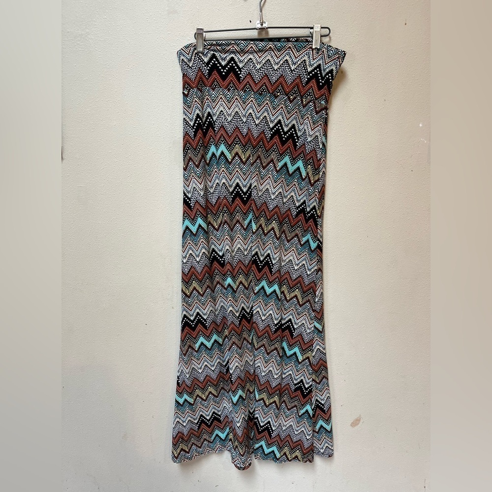Women’s Brown Blue Bohemian Zig Zag Stretchy Comfy Fall Maxi Dress Medium - Picture 8 of 8